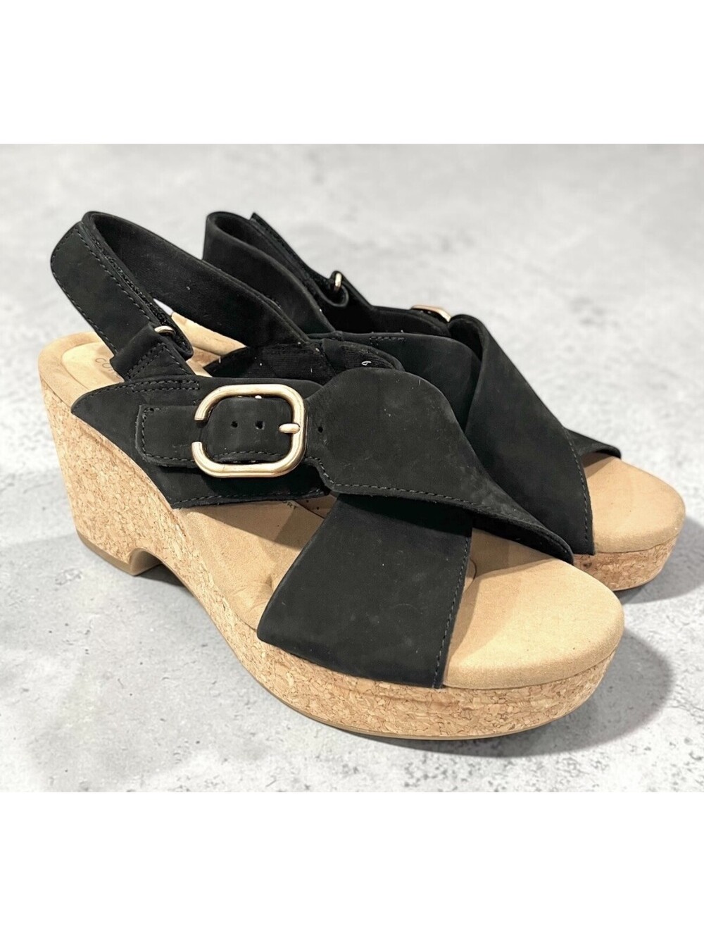 Clarks Giselle Dove Wedge Sandals Women’s 9 Black Nubuck Leather Comfort